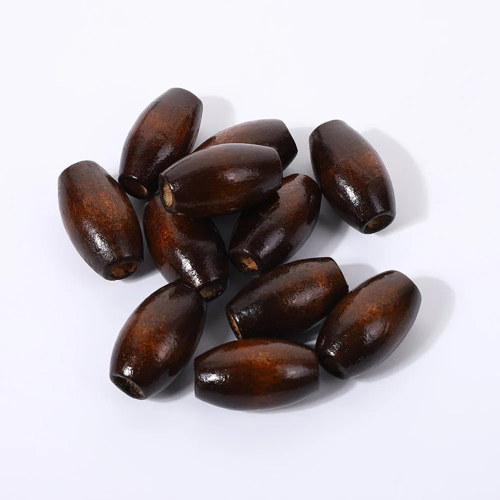 Oval wooden bead M-shaped dark coffee colour 25mm with baking varnish finish on white background