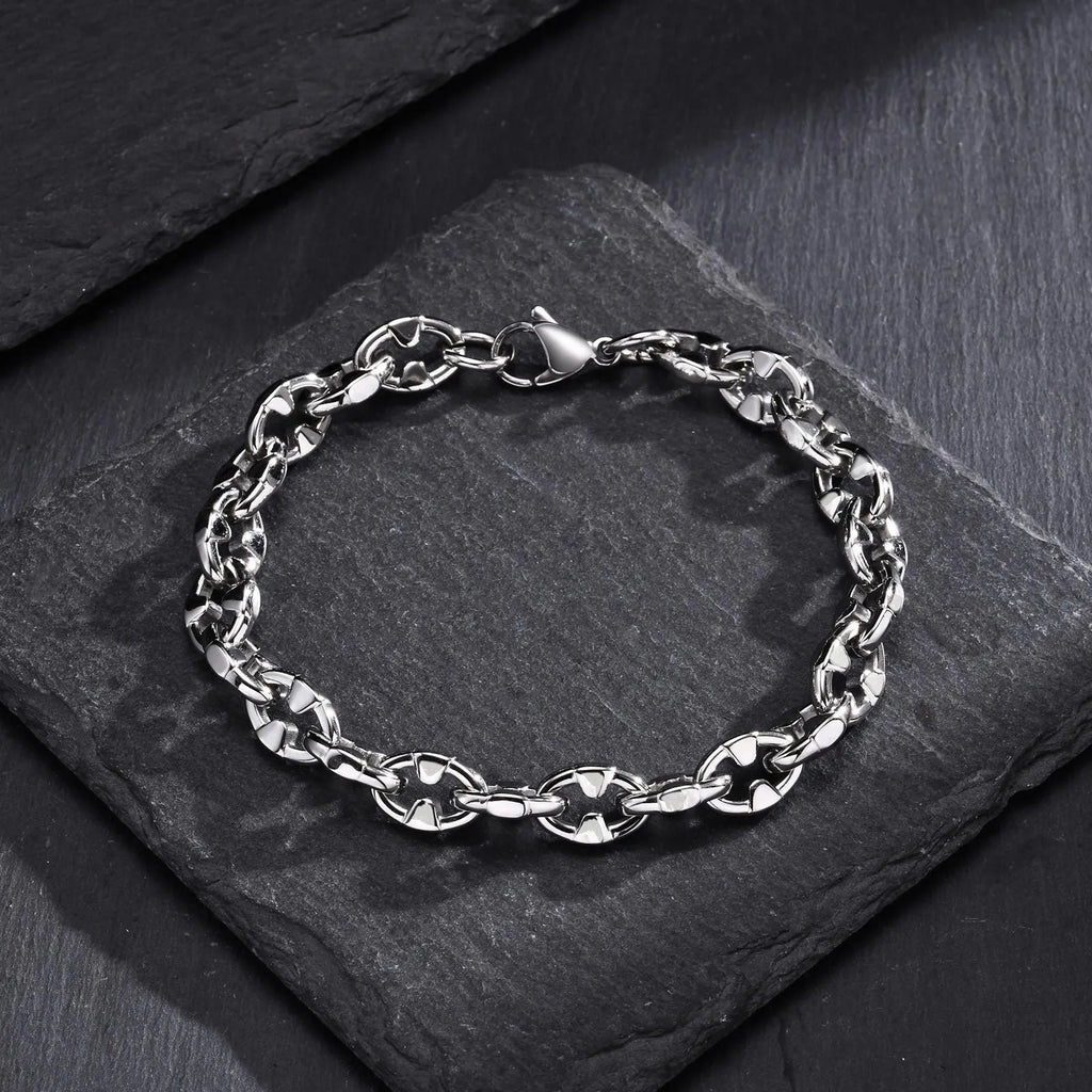 Stainless steel thick chain bracelet with geometric links and polished finish
