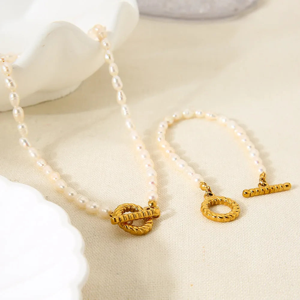 Freshwater pearl necklace and bracelet set in stainless steel with adjustable 41-50cm clavicle chain