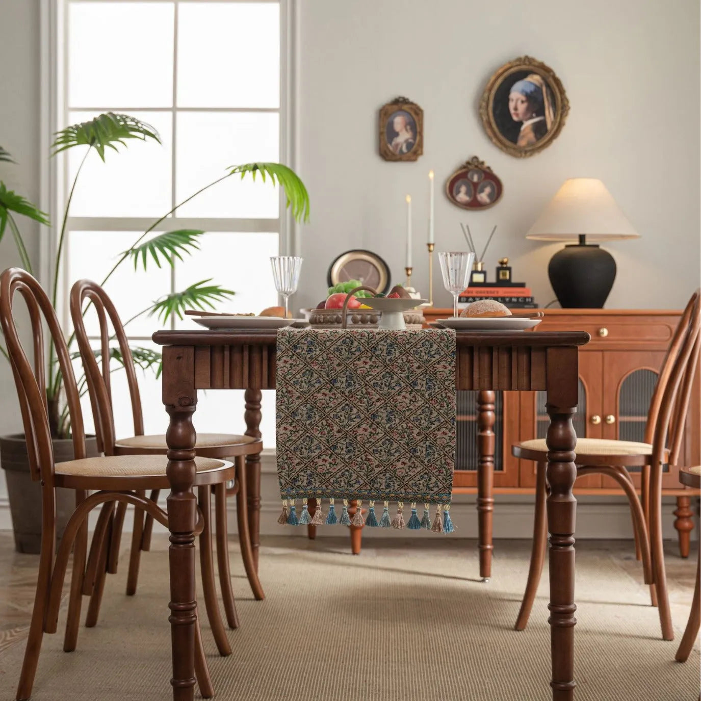 Nordic jacquard bouquet pattern table runner with tassels in dark blue on wooden table