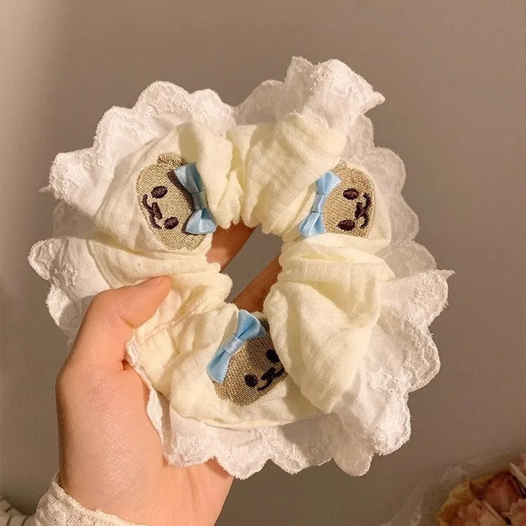 Bear blue bow lace large intestine hair ring made from elastic polyester cloth fabric