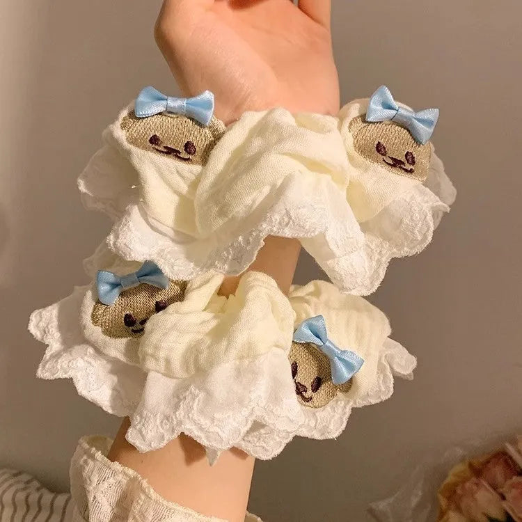 Bear blue bow lace large intestine hair ring made from elastic polyester cloth fabric