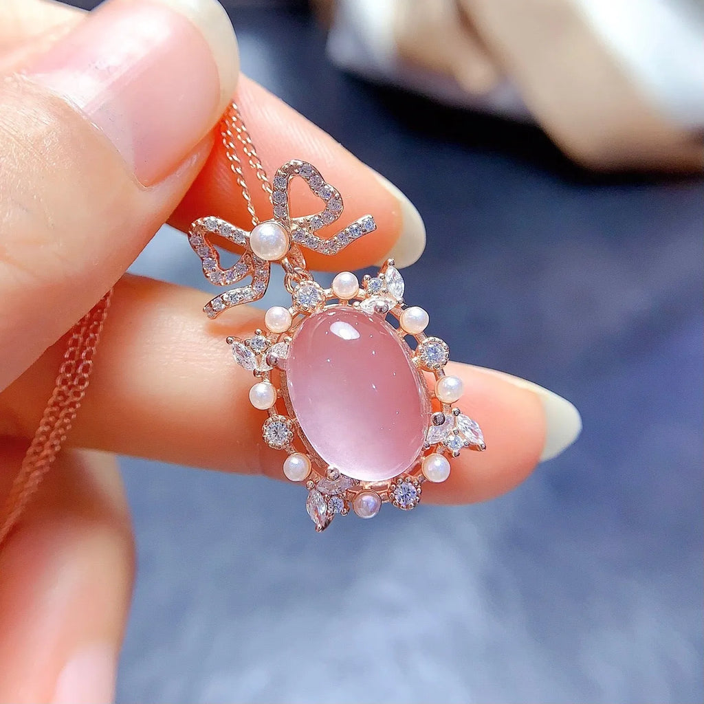Pink rose quartz geometric pendant in silver with rose gold plating on alloy necklace chain