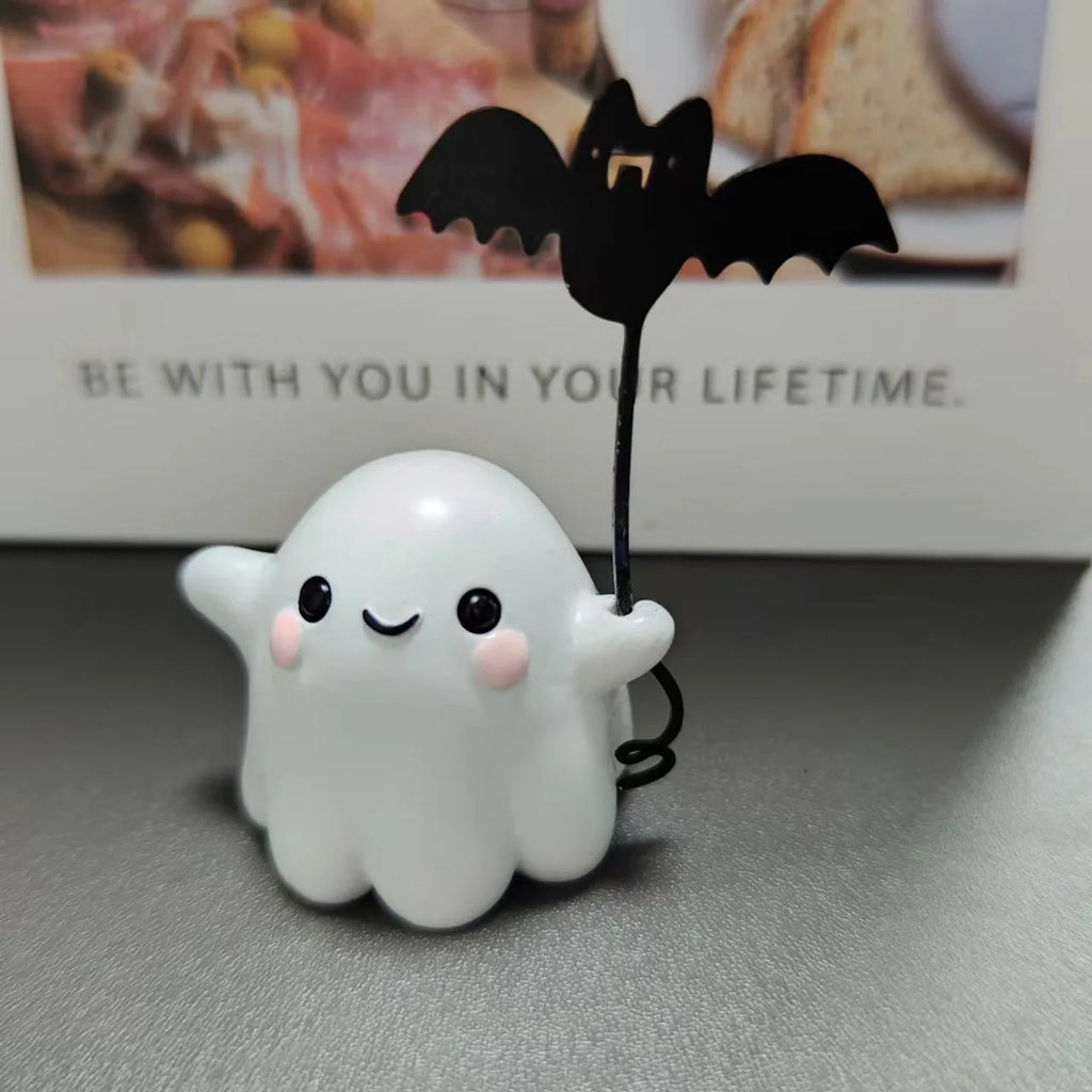 Mini ghost walking dog Halloween statue with ghost holding bat design on resin base