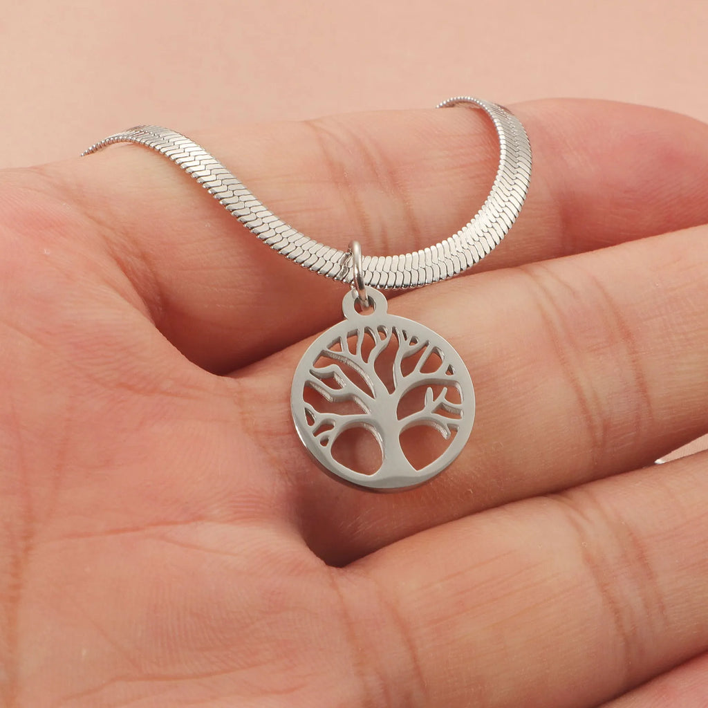 Stainless steel necklace with tree pendant on snake bones chain in gold and steel colours