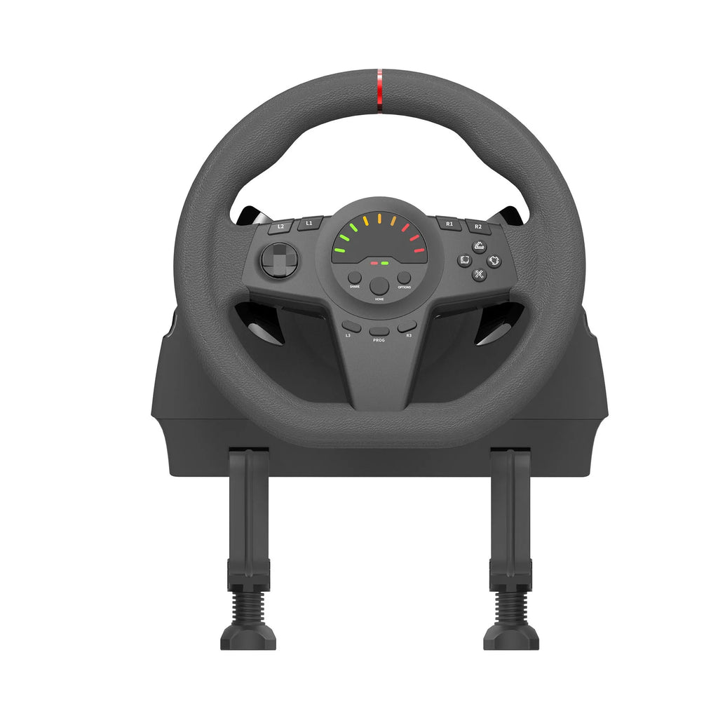 Black multi-platform steering wheel game controller with two pedals and vibration feedback for racing simulations