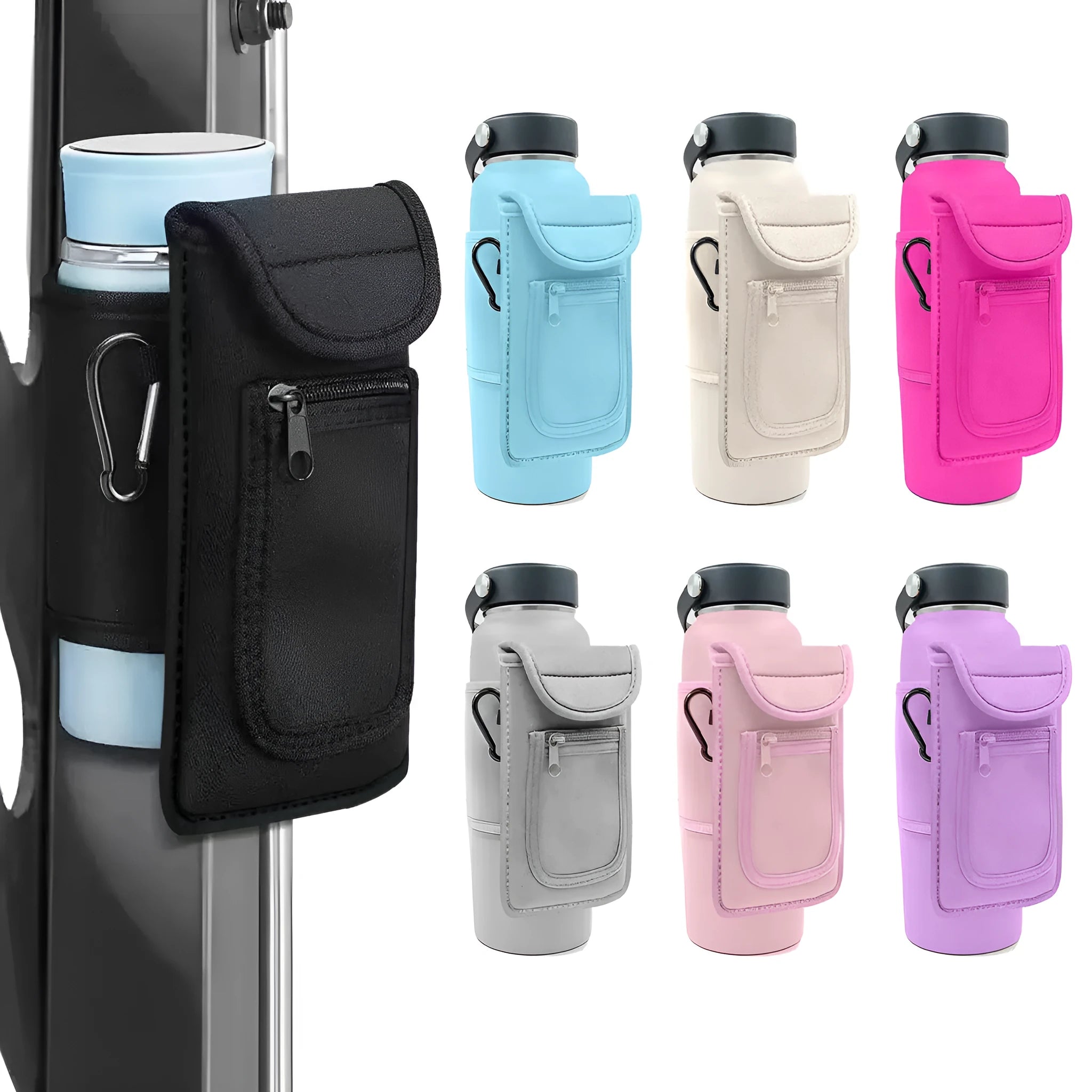Cloth fitness bottle cover with magnetic closure in Lake Blue colour, fitting a large sports water bottle.