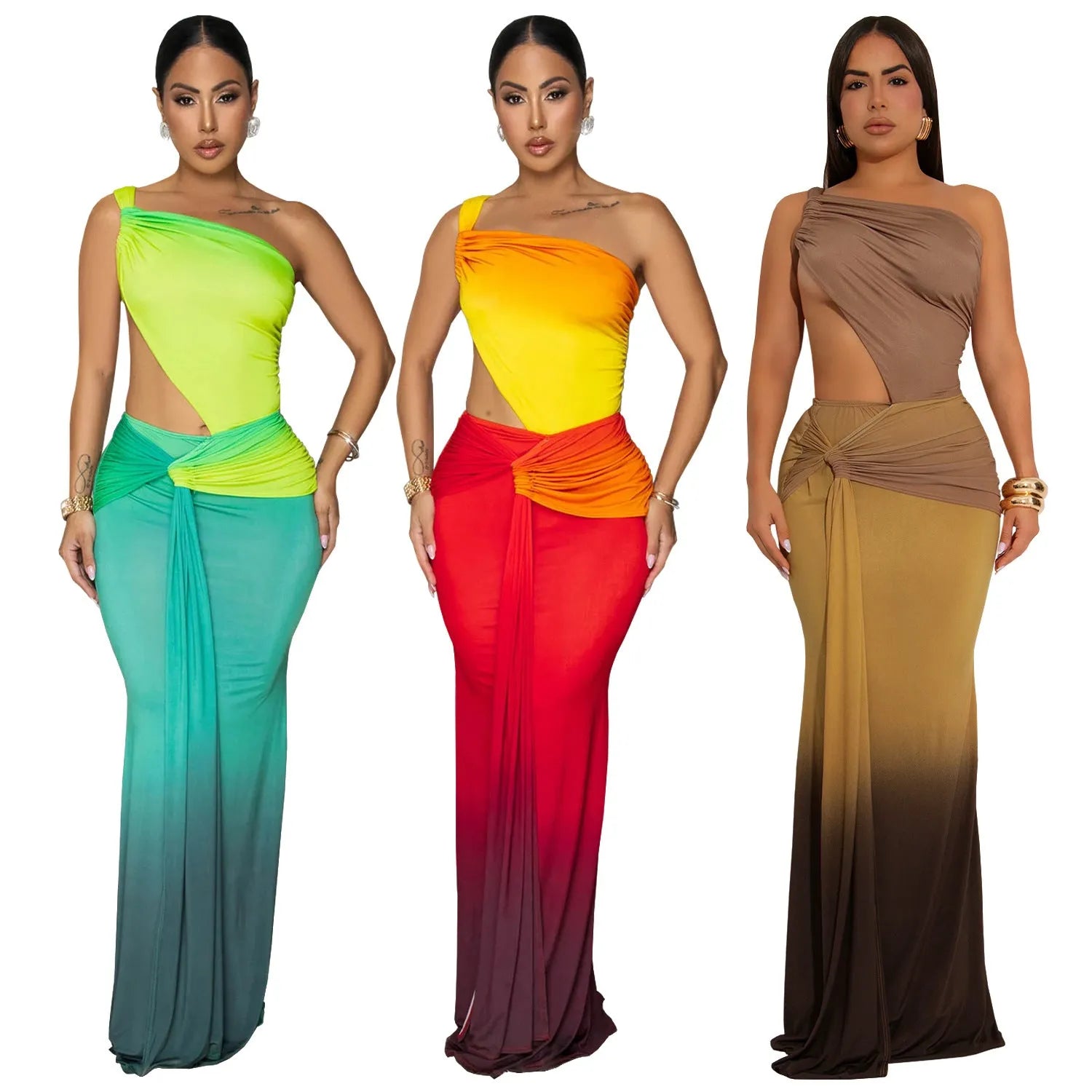 A woman's gradient colour cross-shoulder sleeveless dress with a high waist and long skirt.