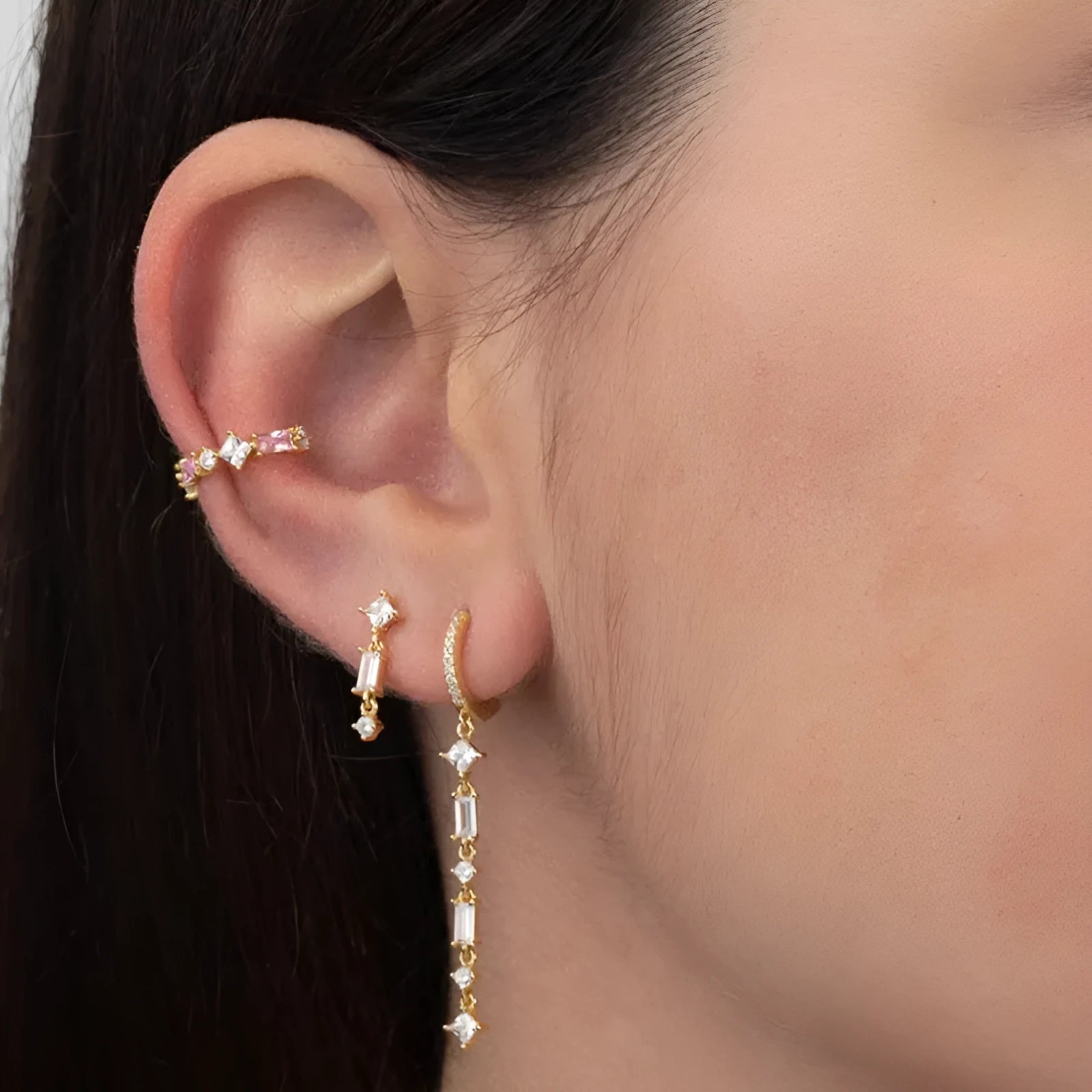 Geometric U-shaped ear clips with colourful zircon stones and silver needle copper detailing