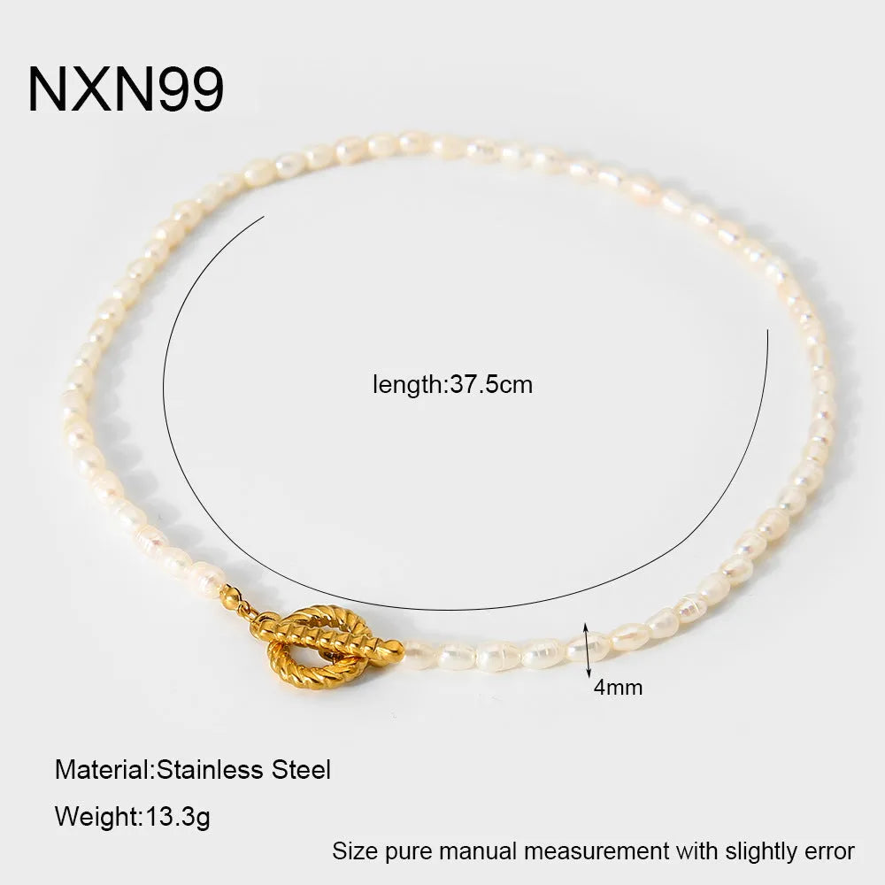 Freshwater pearl necklace and bracelet set in stainless steel with adjustable 41-50cm clavicle chain
