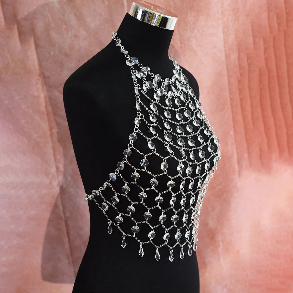Hand-woven acrylic crystal sequins transparent body chain chest necklace round beads
