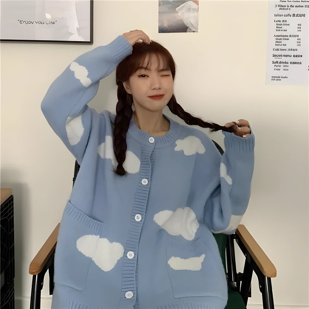 Blue women's cardigan with cloud pattern, loose fit, long sleeves