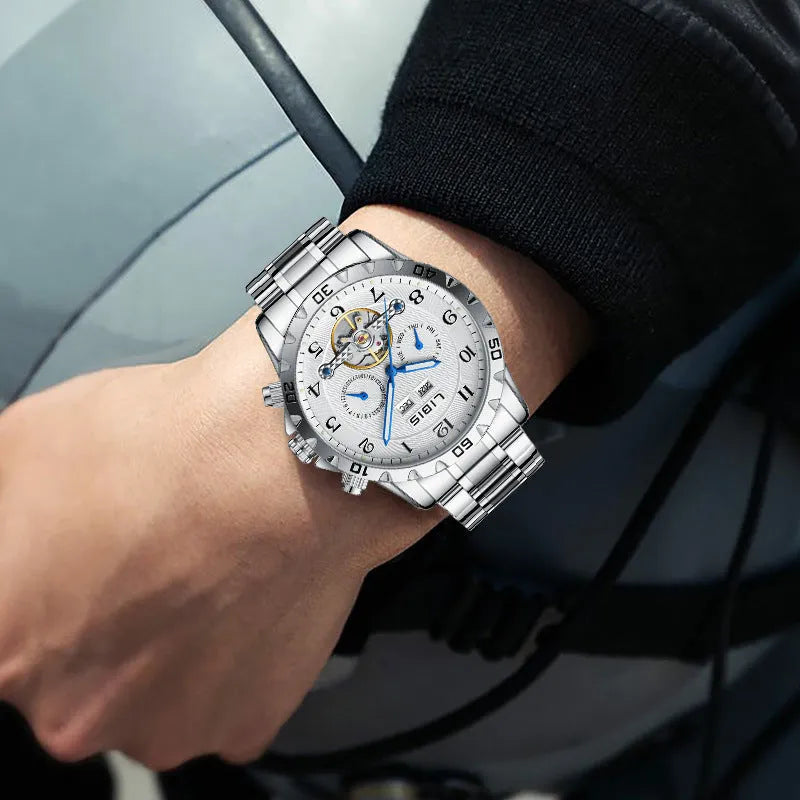 Men's silver stainless steel automatic perpetual calendar mechanical watch with sapphire crystal glass