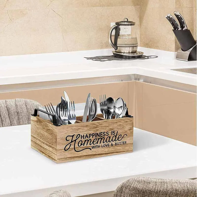 Wooden kitchen tableware storage box with grid divider for utensil organisation
