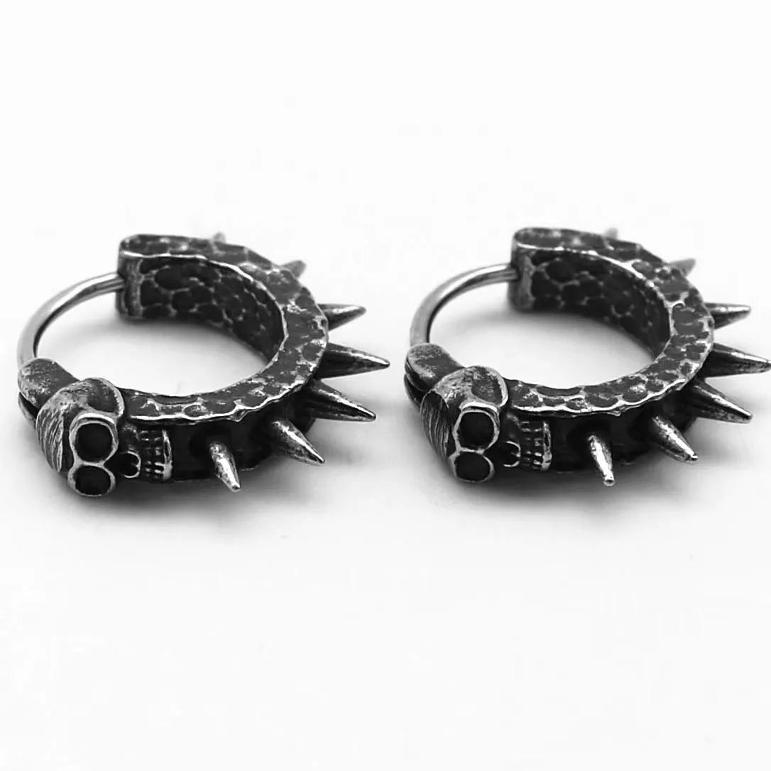 Black retro alloy earrings with copper plastic punk motorcycle and geometric shape design.