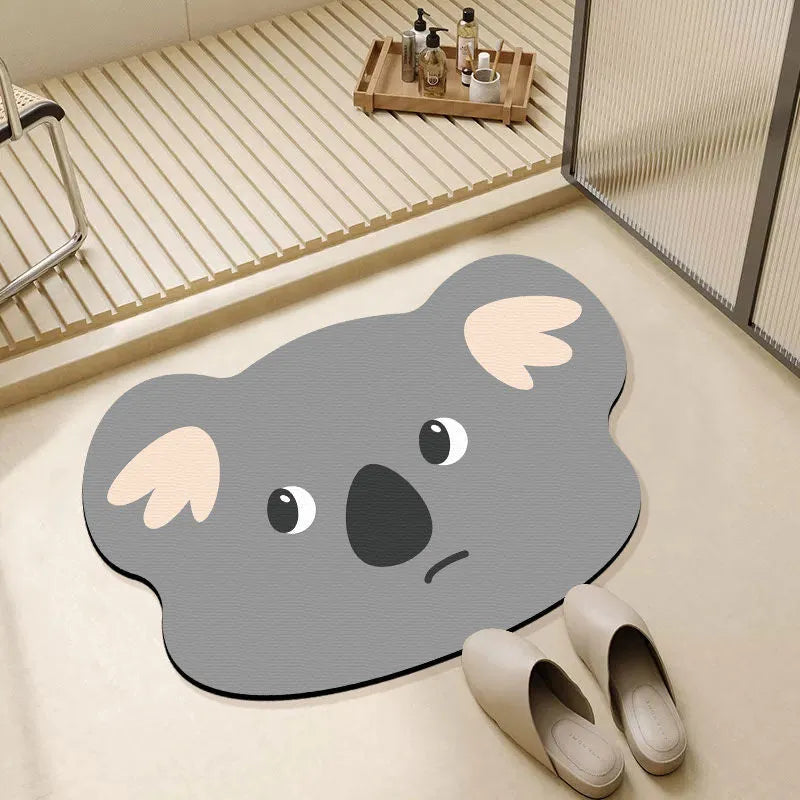 Diatomaceous earth bathroom absorbent mat with cartoon animal design in bathroom setting
