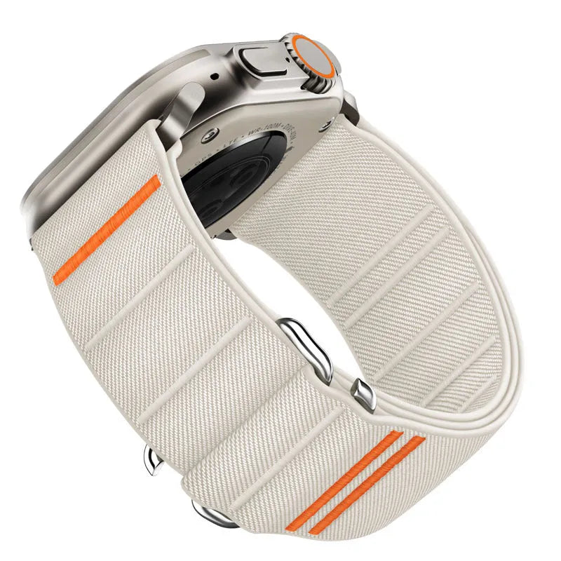 Elastic nylon sport loop strap with stainless steel buckle for Apple Watch, shown in multiple colour options.
