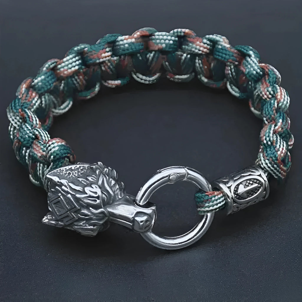 Handmade titanium steel wolf head bracelet in camouflage colour with polished retro finish
