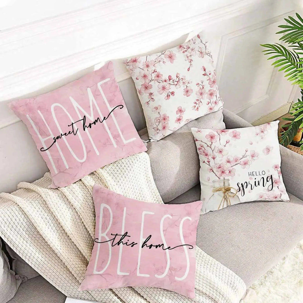 45cm square short velvet cushion cover with printed cherry blossom and letter design