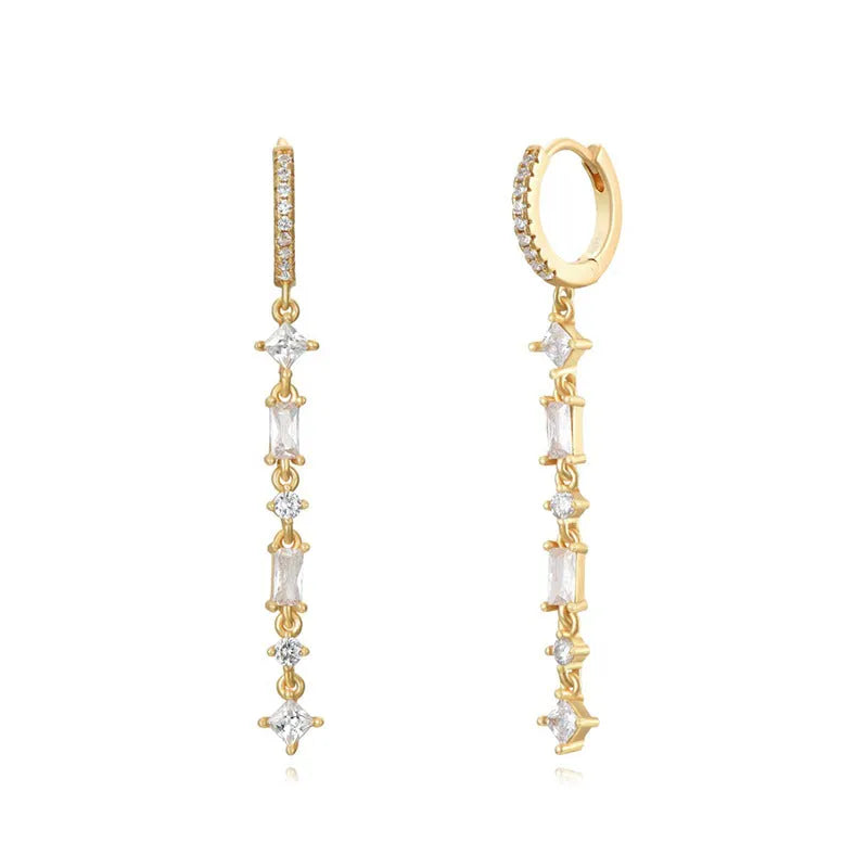 Geometric U-shaped ear clips with colourful zircon stones and silver needle copper detailing