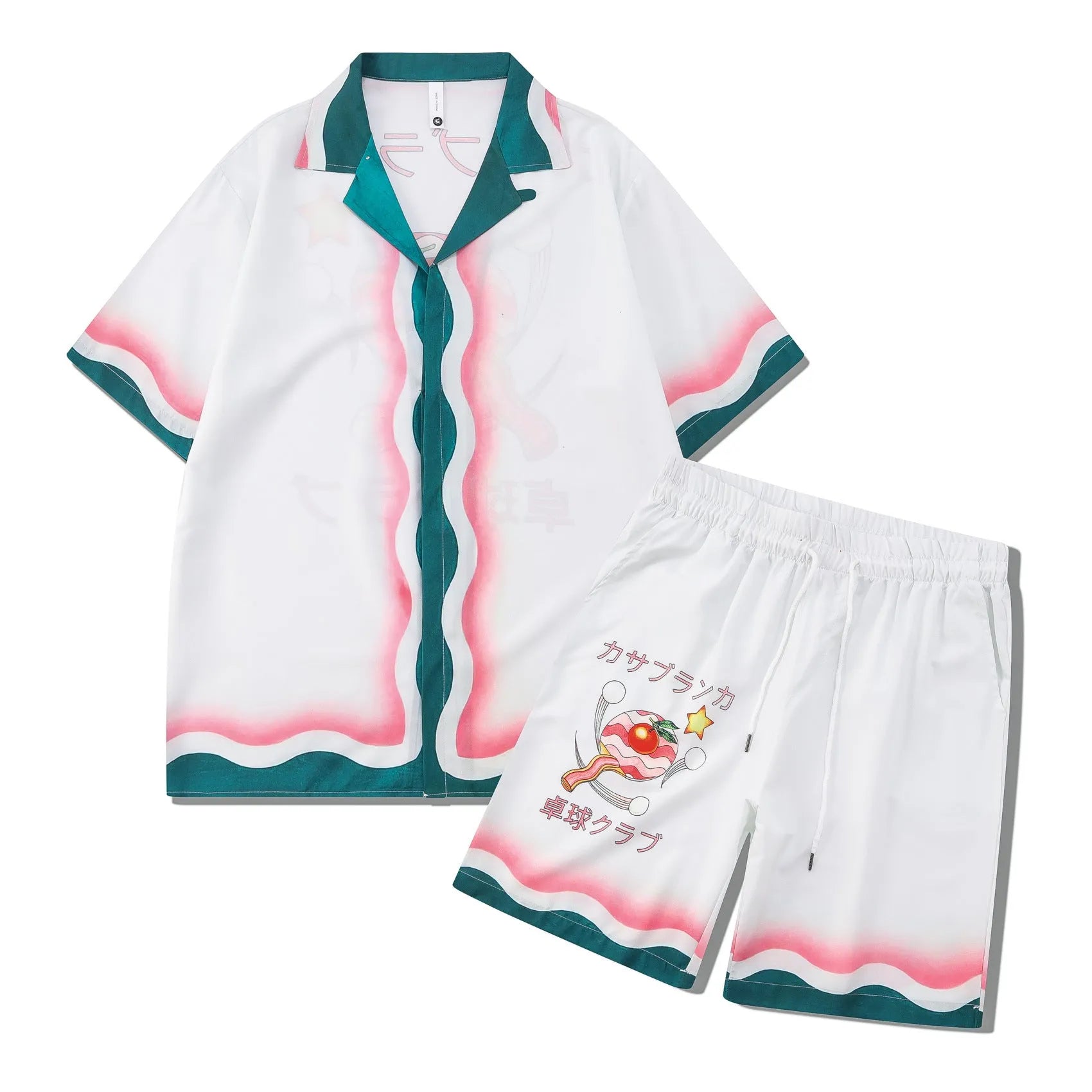 Plaid patterned beach outfit set with short sleeve shirt and matching trousers on a man