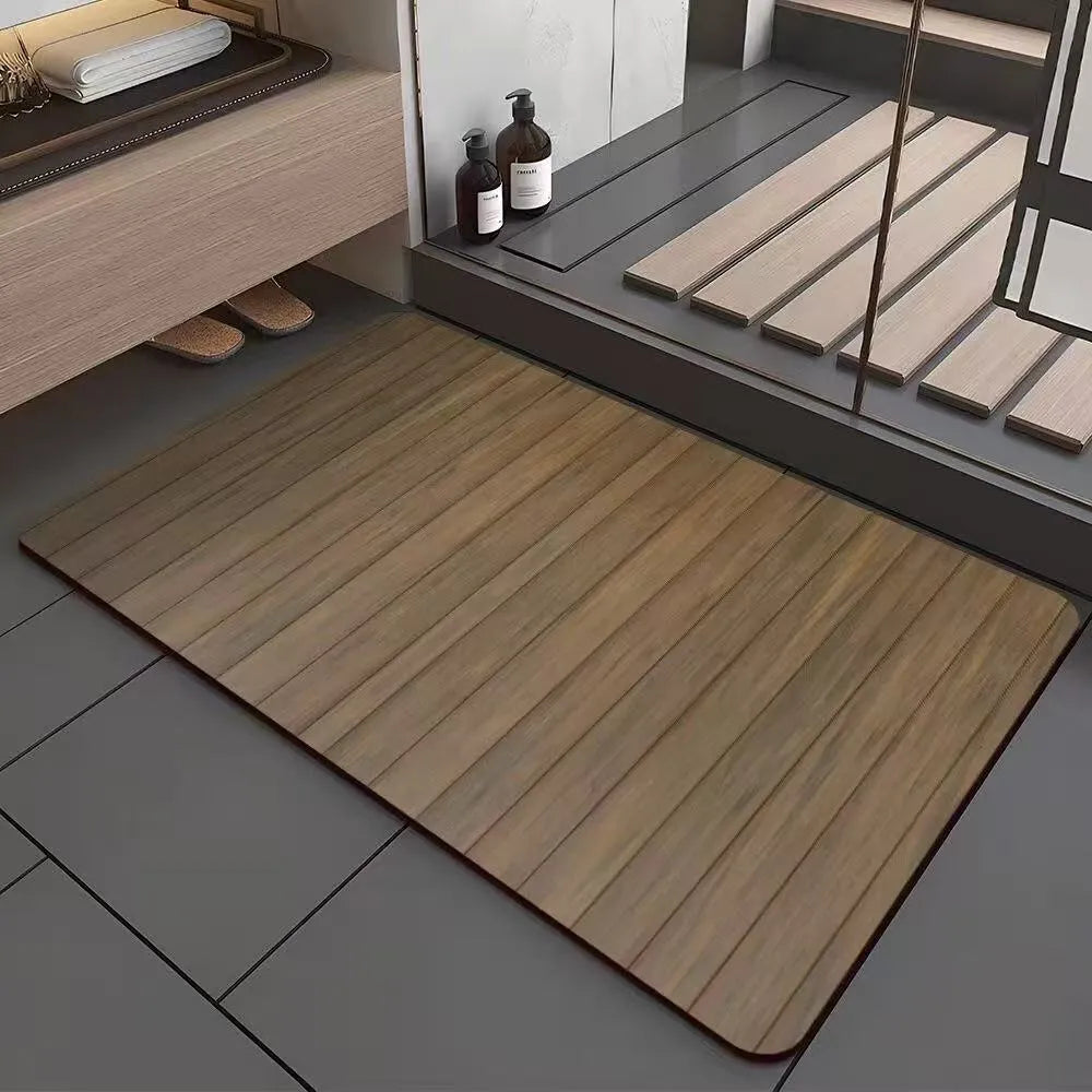 American wood grain diatomite bath mat with geometric pattern in bathroom setting