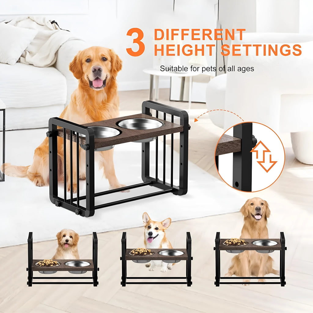Black solid wooden non-slip stand for elevated dog food and water bowls