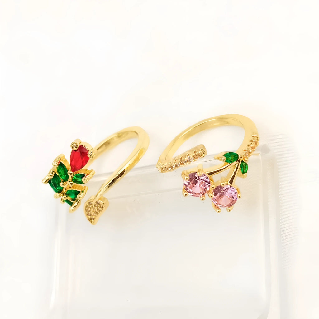 Copper gold-plated open ring with zircon leaf geometric design for women