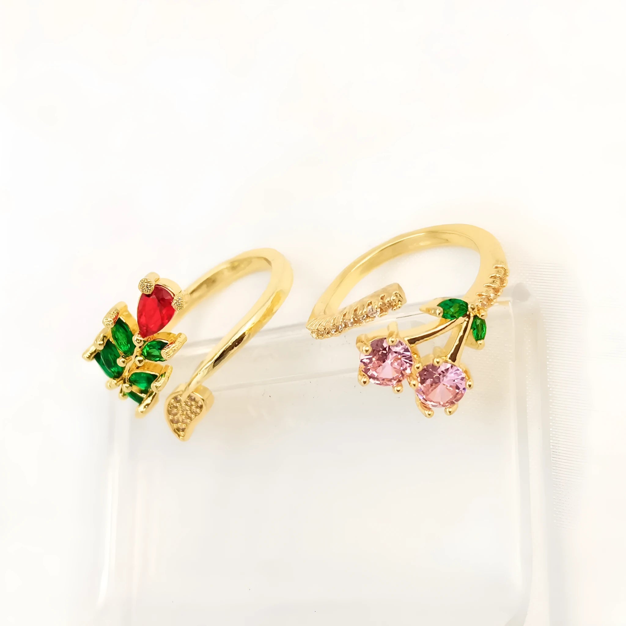 Copper gold-plated open ring with zircon leaf geometric design for women