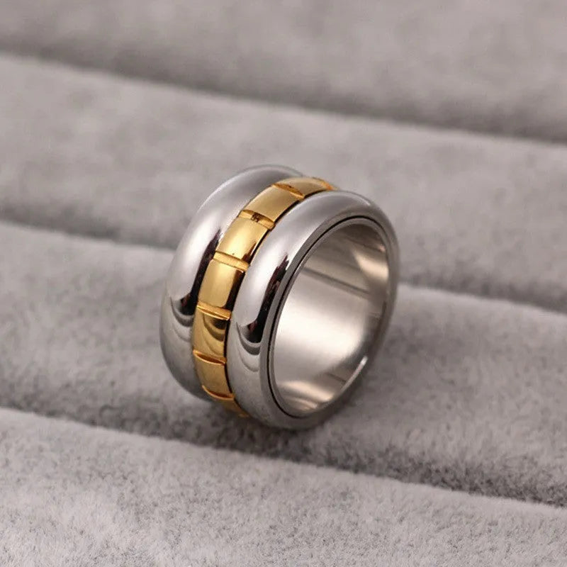 Ultra-wide titanium steel knuckle ring with rotatable tail, gold electroplated finish, natural style, size No.10
