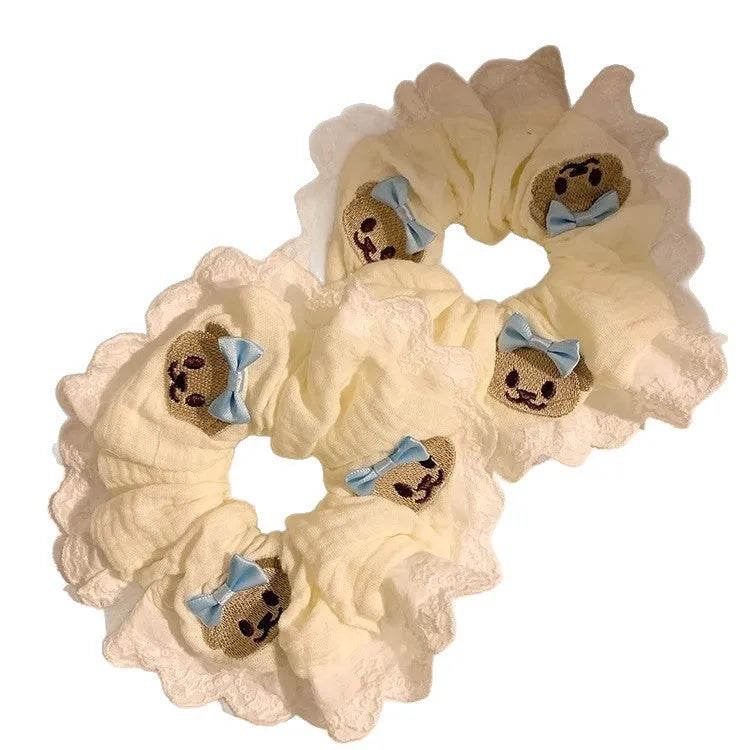 Bear blue bow lace large intestine hair ring made from elastic polyester cloth fabric