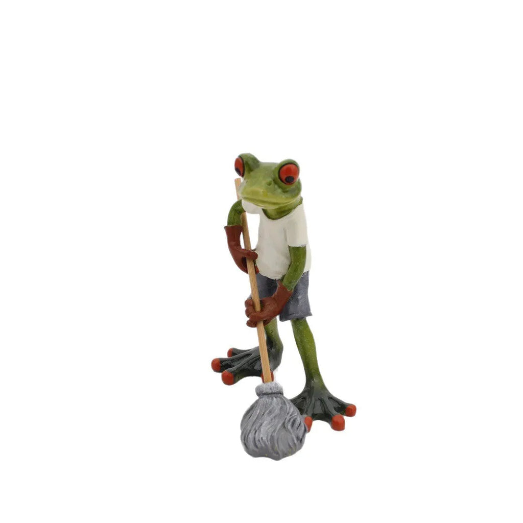 Green resin frog sculpture measuring 6cm high with rustic pastoral detailing for shelf or desk decoration