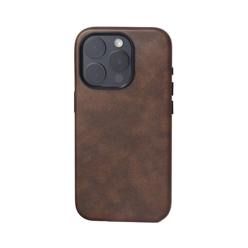 Genuine leather magnetic phone case for iPhone 15, brown colour, shockproof hard shell with anti-fingerprint finish