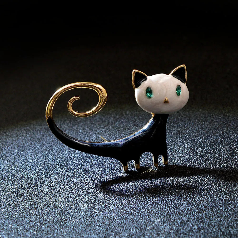 Personalised painted tailing up kitty brooch in alloy metal with simple cat design