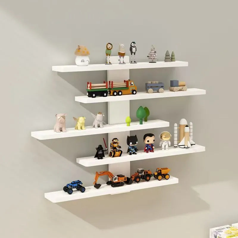 5-tier wall-mounted PVC storage rack for dolls and blind box toys in a home setting