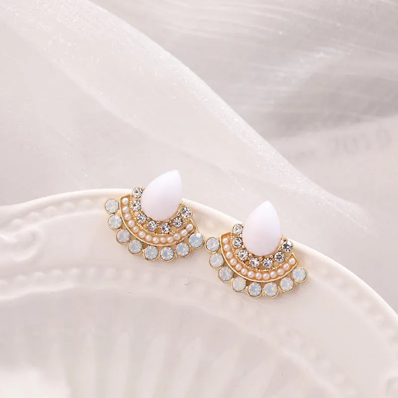 Women's retro fan-shaped geometric silver earrings with rhinestone accents on alloy construction