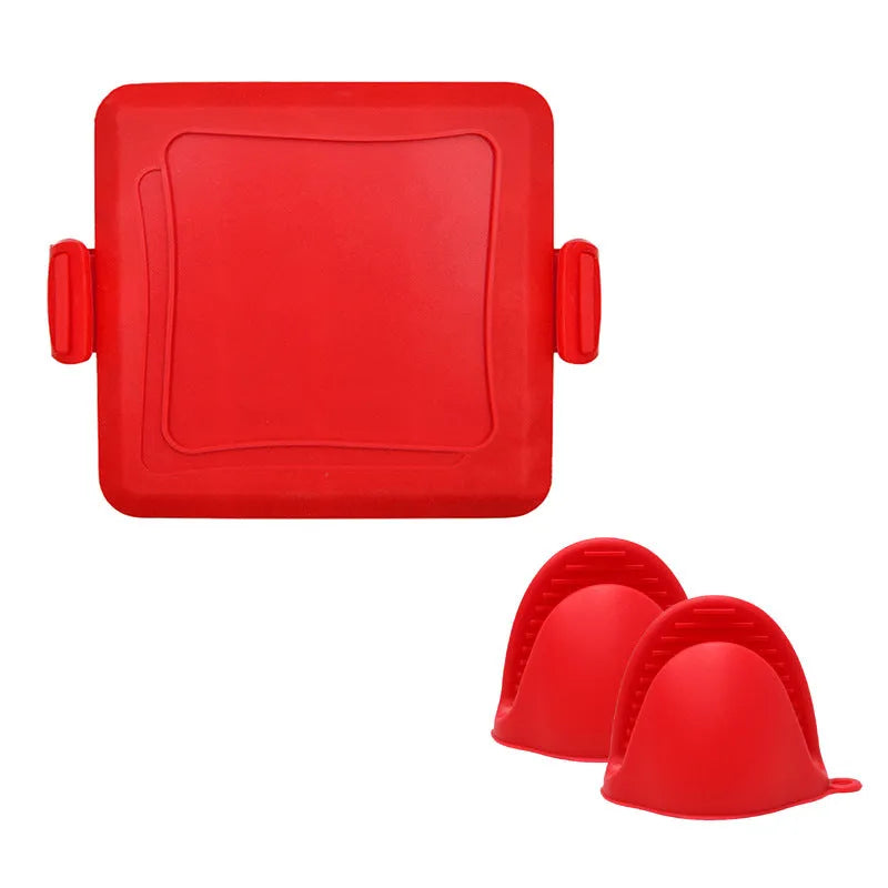 Red silicone baking tray with matching silicone heat-resistant gloves