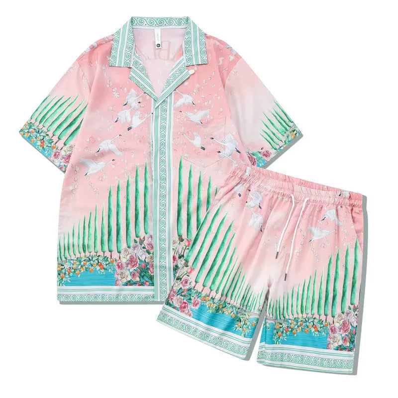 Plaid patterned beach outfit set with short sleeve shirt and matching trousers on a man
