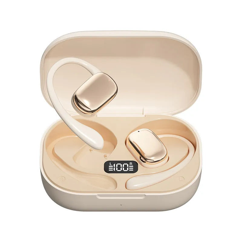 Wireless ear-mounted headphones with digital display screen in black, skin colour, or white options