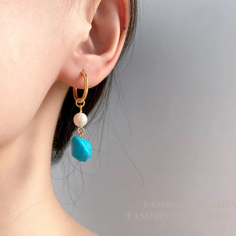 Geometric cultured pearl and turquoise clip earrings in long and short styles