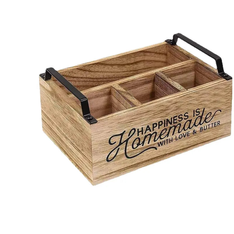 Wooden kitchen tableware storage box with grid divider for utensil organisation
