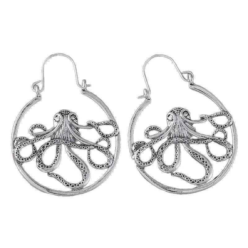 Vintage octopus earrings in antique silver finish with detailed animal zodiac design