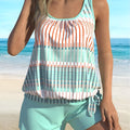 Women's sky blue striped colour split swimsuit in polyester fibre blend, plus sizes 1XL-5XL