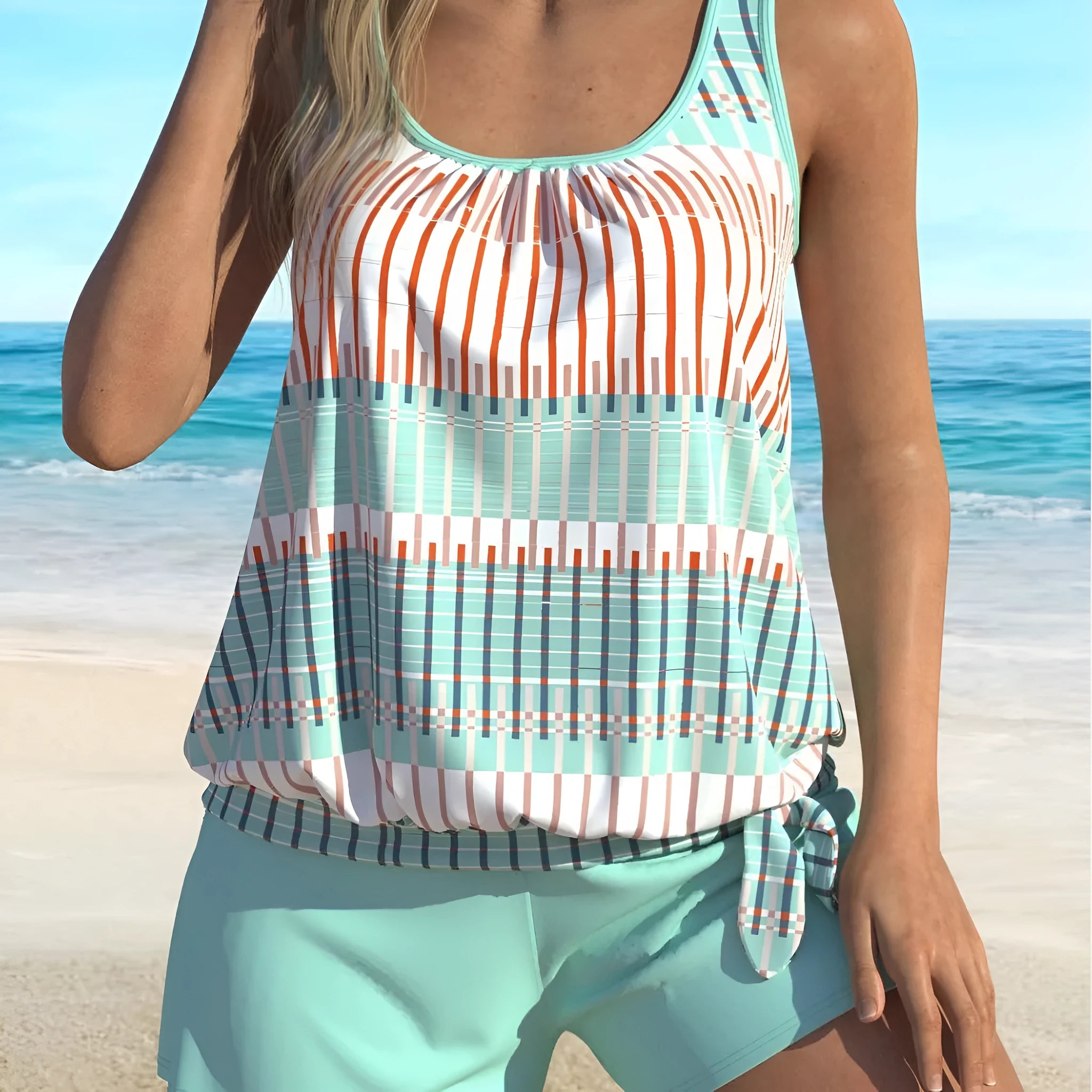 Women's sky blue striped colour split swimsuit in polyester fibre blend, plus sizes 1XL-5XL