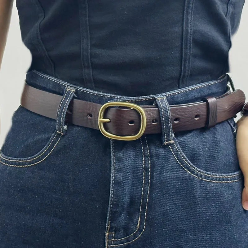 Handmade vintage copper buckle genuine leather belt in brown, 2.8cm wide, with pin buckle fastening on a neutral background