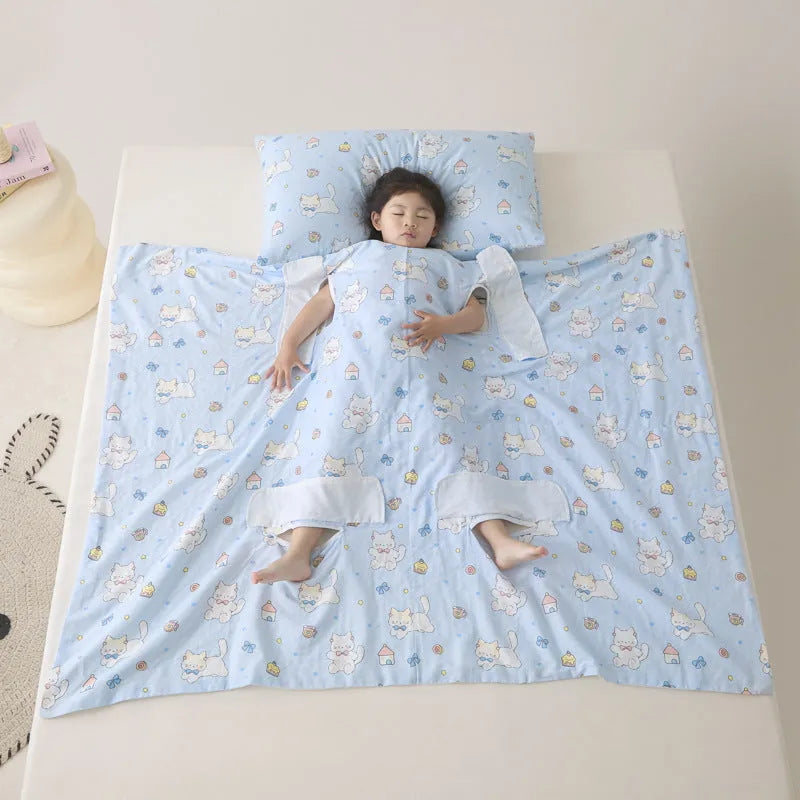Light blue anti-kick summer blanket with antibacterial filler on a bed