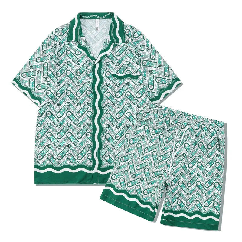 Plaid patterned beach outfit set with short sleeve shirt and matching trousers on a man