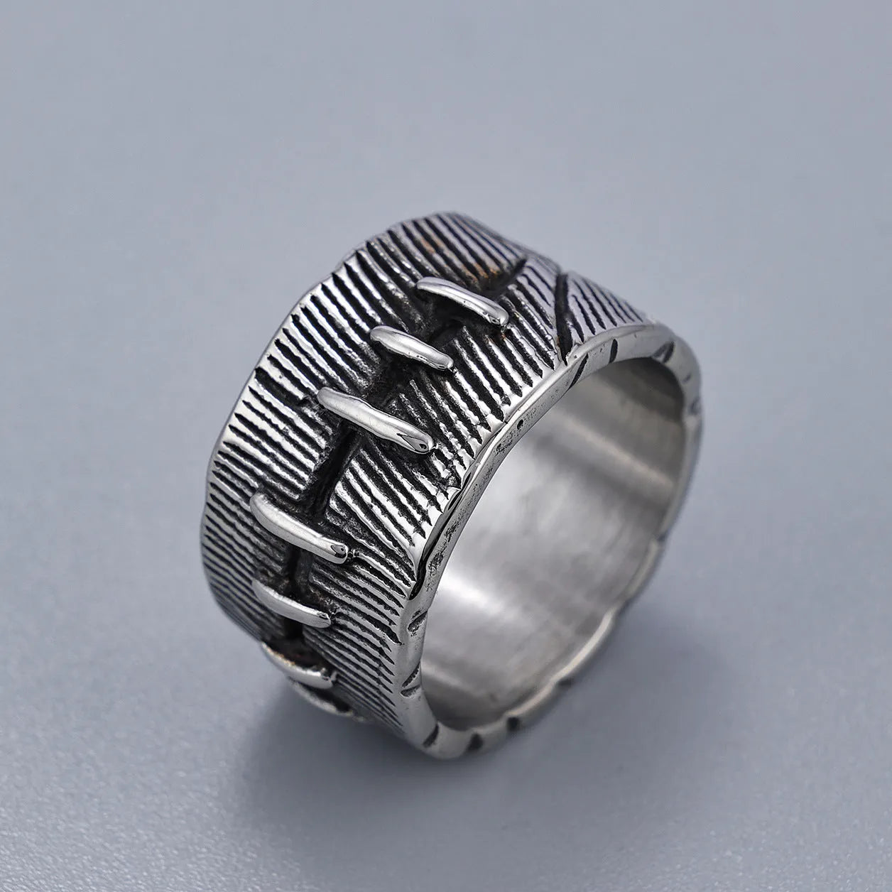 Titanium steel dark punk ring with geometric U-shaped band and double-ring design in retro colour.