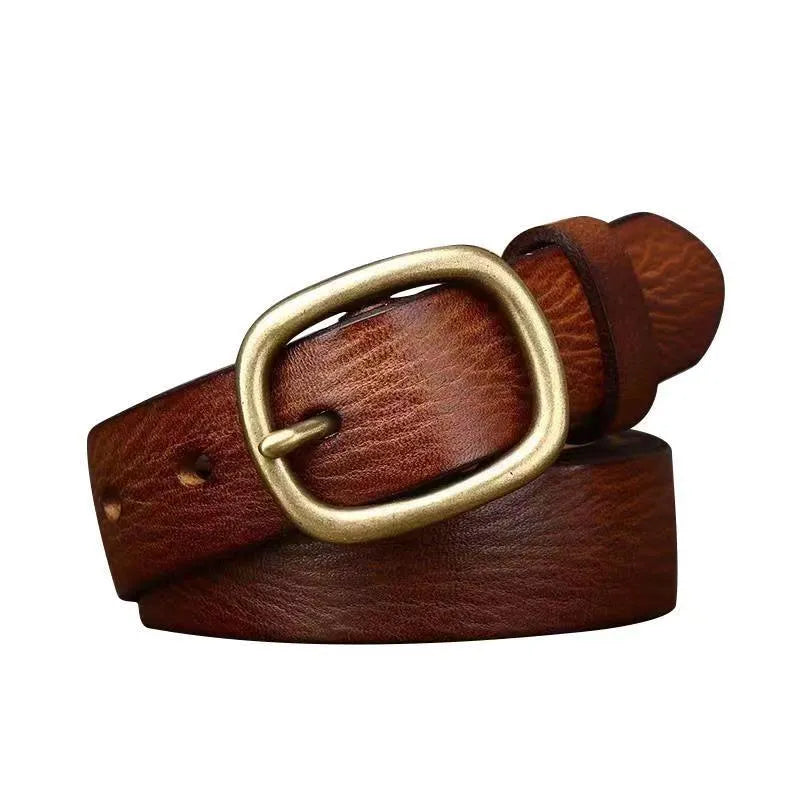 Handmade vintage copper buckle genuine leather belt in brown, 2.8cm wide, with pin buckle fastening on a neutral background