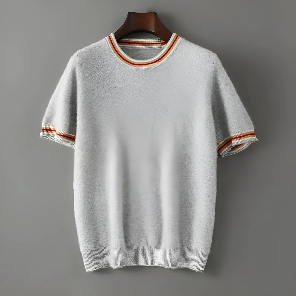 Men's grey pure wool short sleeve round neck sweater laid flat showing pullover design